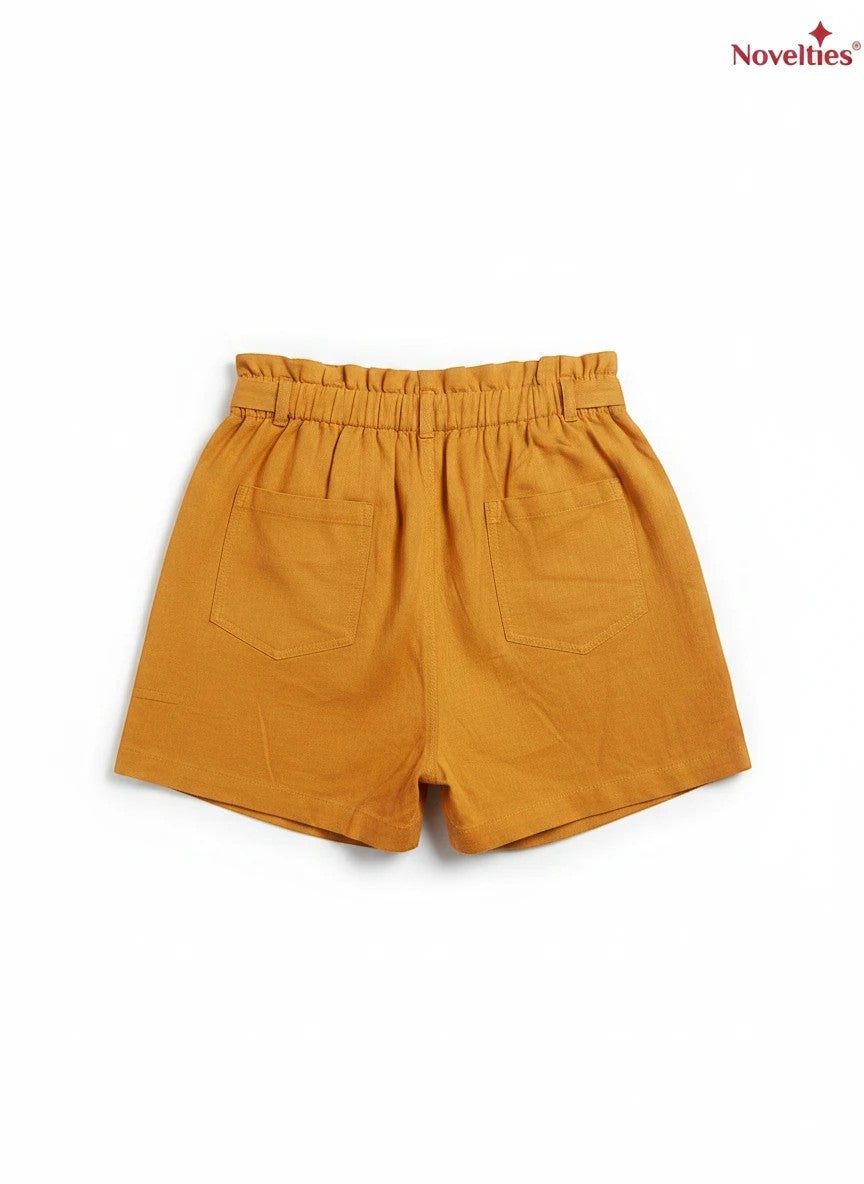 Novelties® mustard high-waisted paper-bag shorts with back pockets and elasticated waistband.