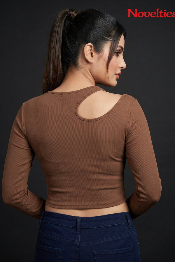 Ribbed Shoulder Cutout Crew Neck Cropped Long Sleeve Top