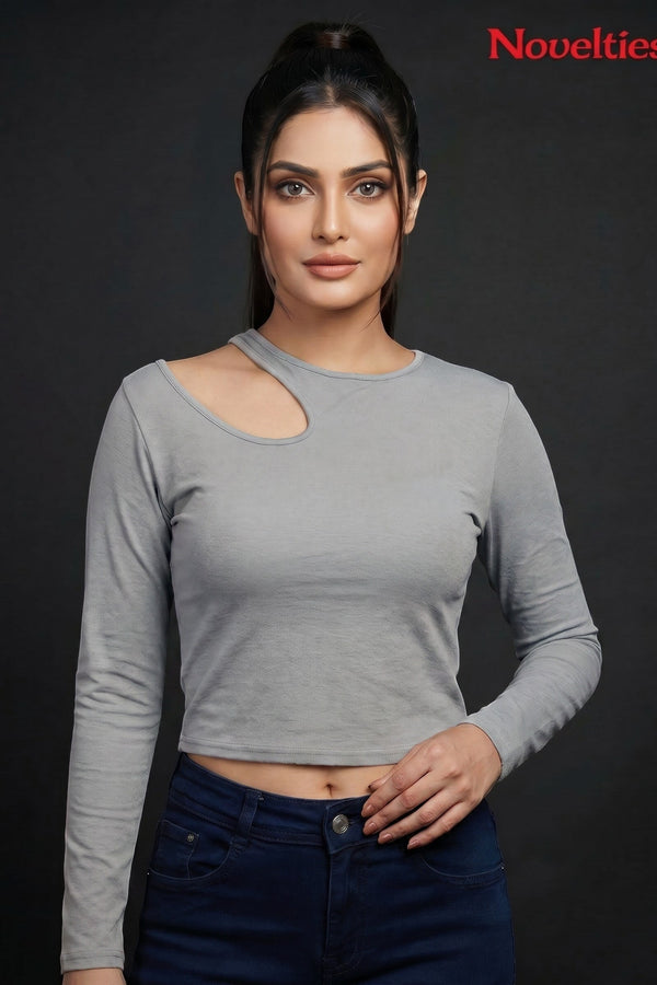 Ribbed Shoulder Cutout Crew Neck Cropped Long Sleeve Top