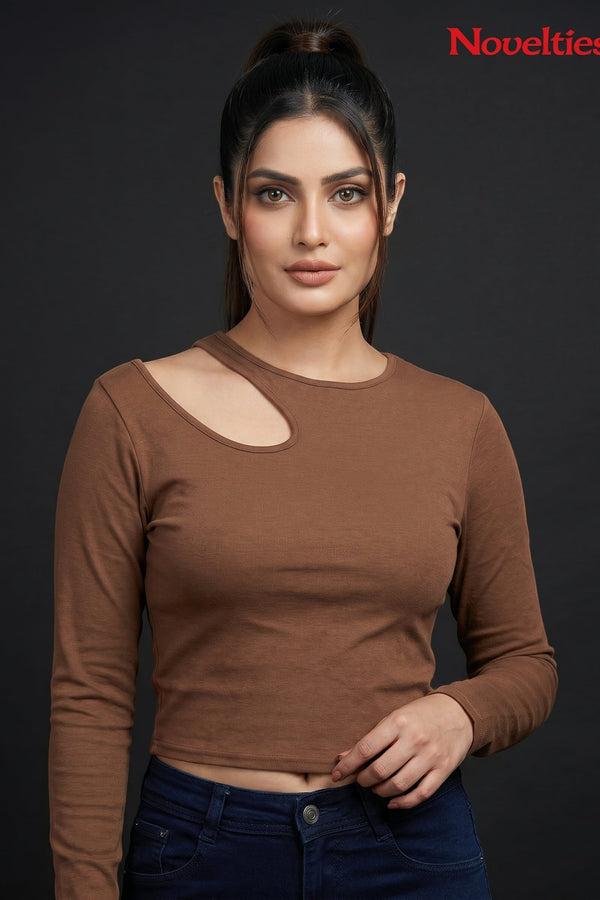 Ribbed Shoulder Cutout Crew Neck Cropped Long Sleeve Top