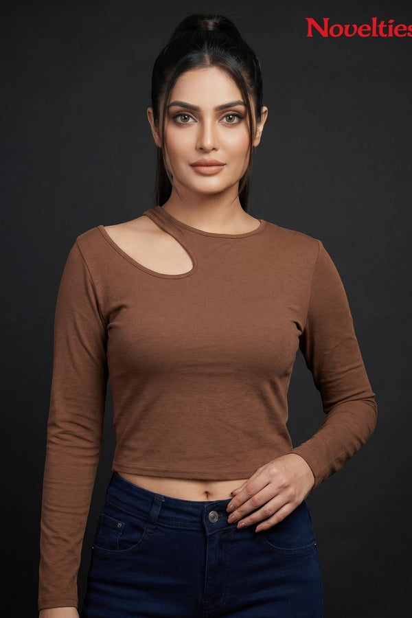 Ribbed Shoulder Cutout Crew Neck Cropped Long Sleeve Top
