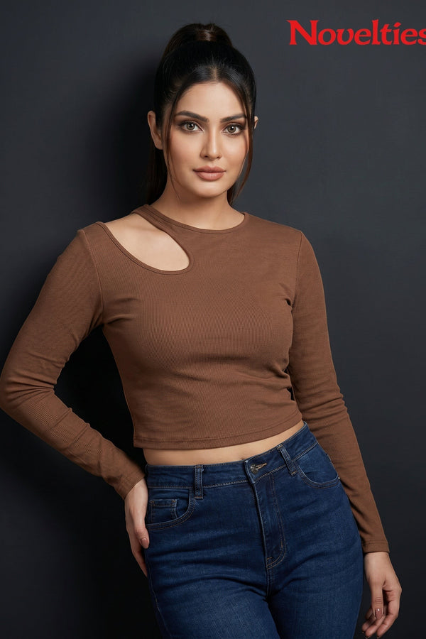 Ribbed Shoulder Cutout Crew Neck Cropped Long Sleeve Top