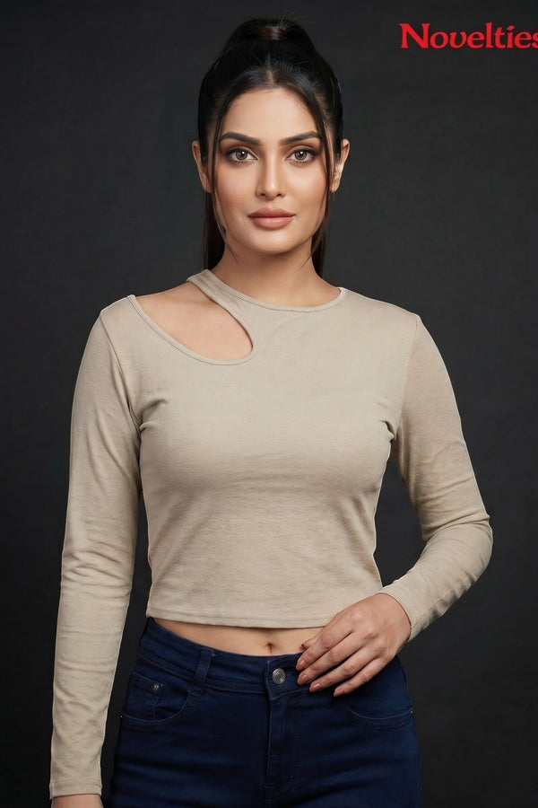 Ribbed Shoulder Cutout Crew Neck Cropped Long Sleeve Top