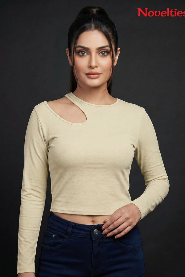 Ribbed Shoulder Cutout Crew Neck Cropped Long Sleeve Top