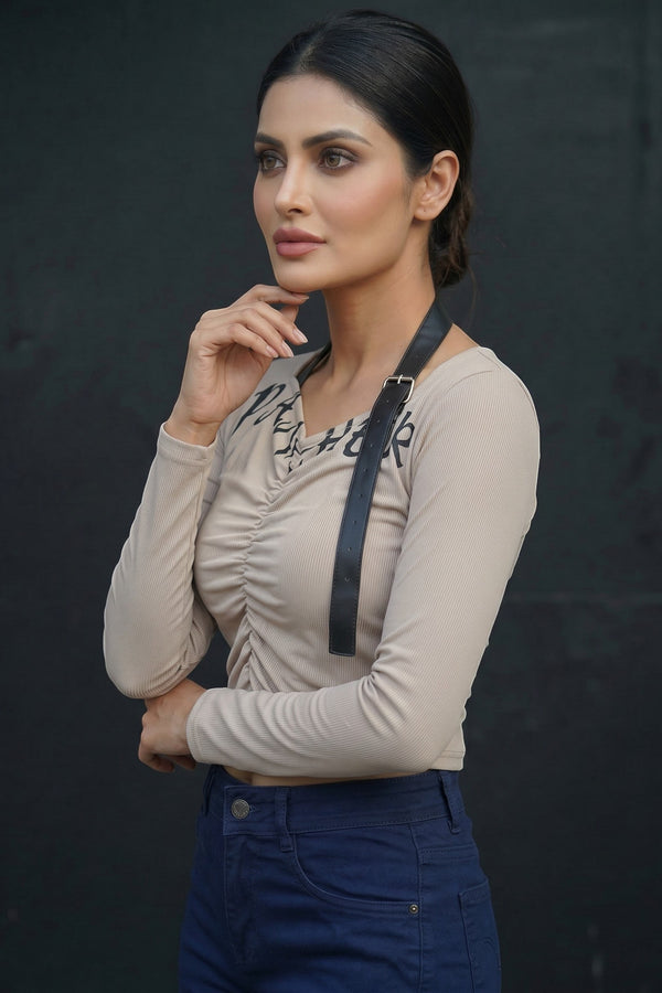 Ruched Graphic Crop Top with Strap Detail
