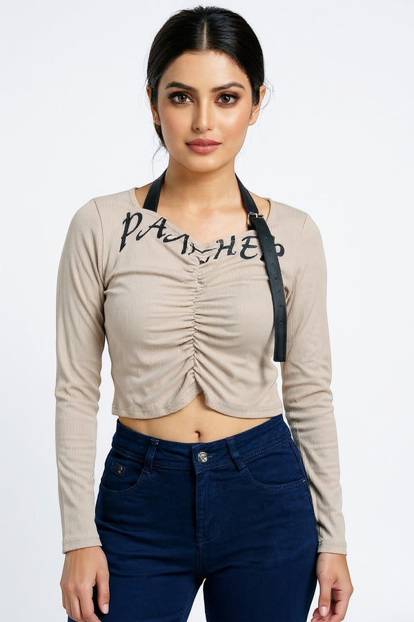 Ruched Graphic Crop Top with Strap Detail