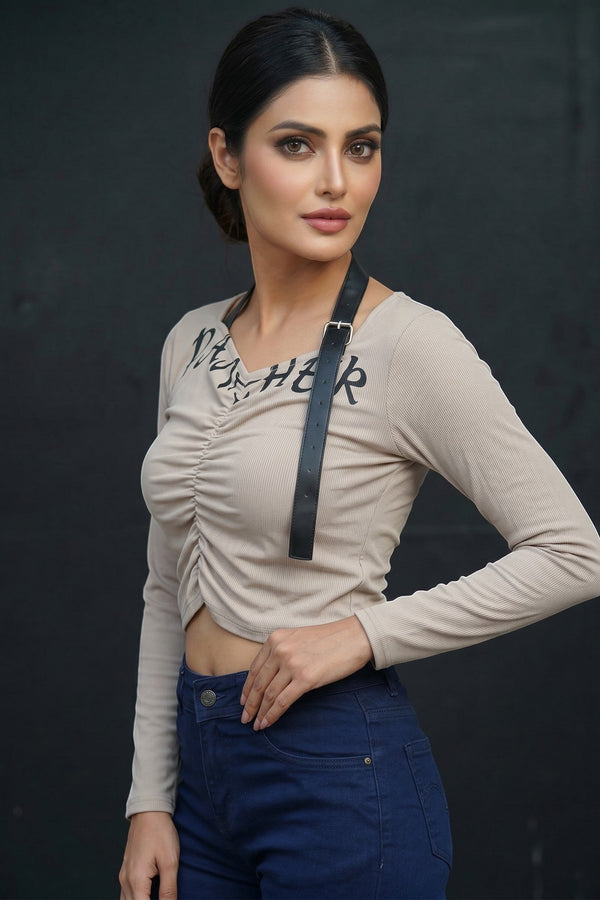 Ruched Graphic Crop Top with Strap Detail