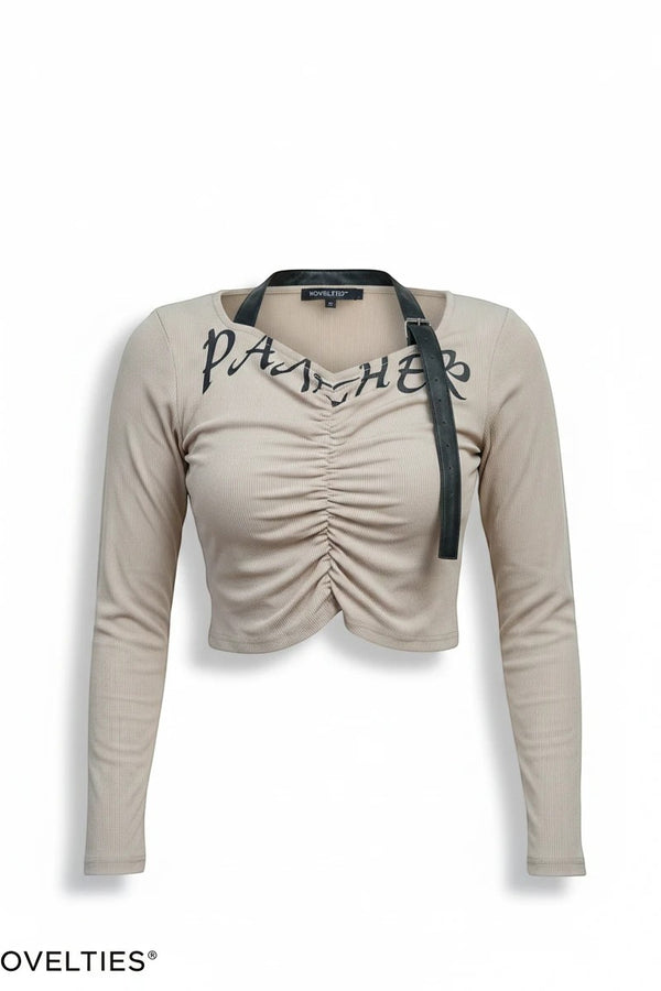 Ruched Graphic Crop Top with Strap Detail