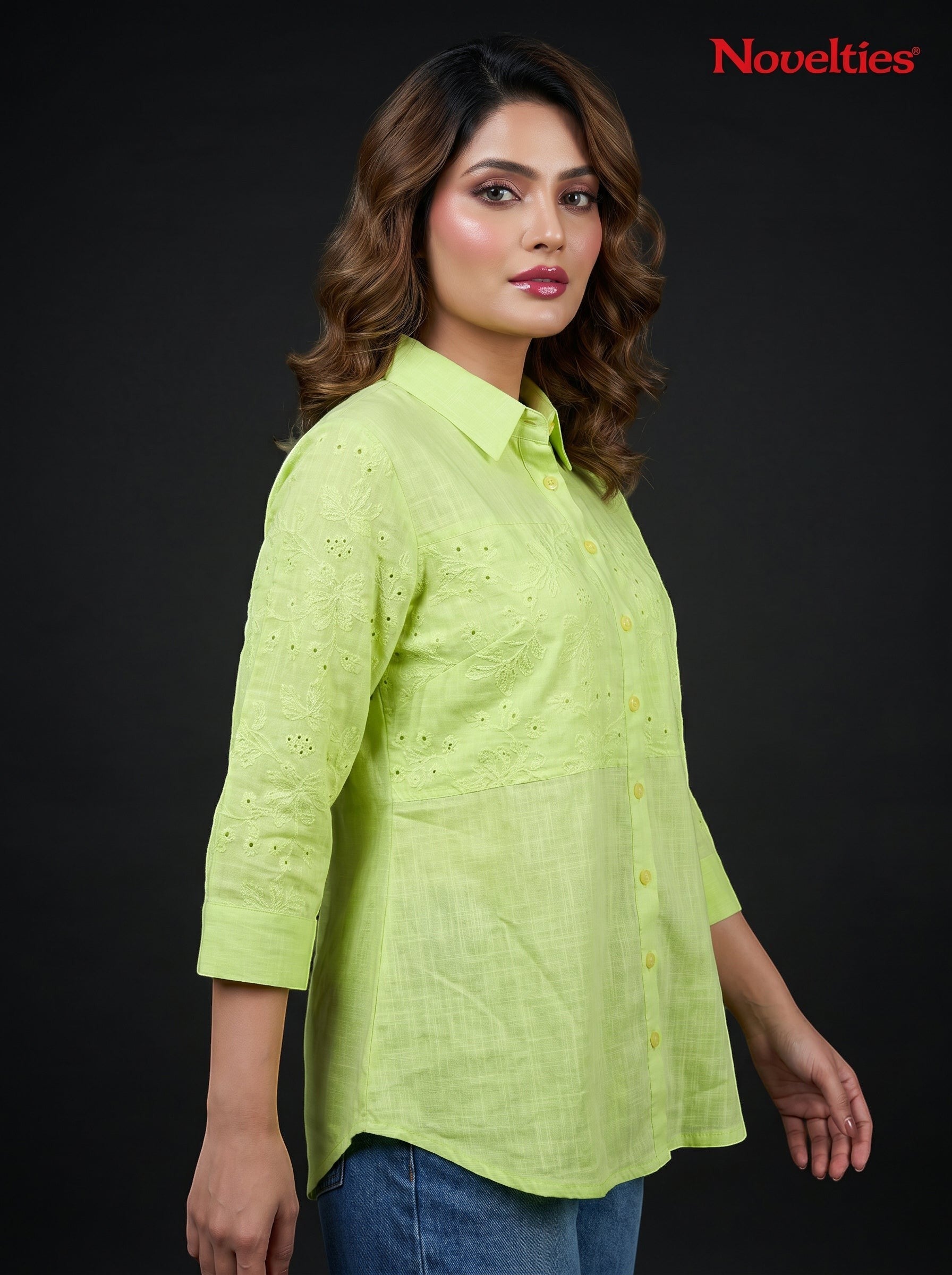Model wearing a lime green Novelties® Schiffli embroidered button-down shirt with a chest pocket and A-line fit.