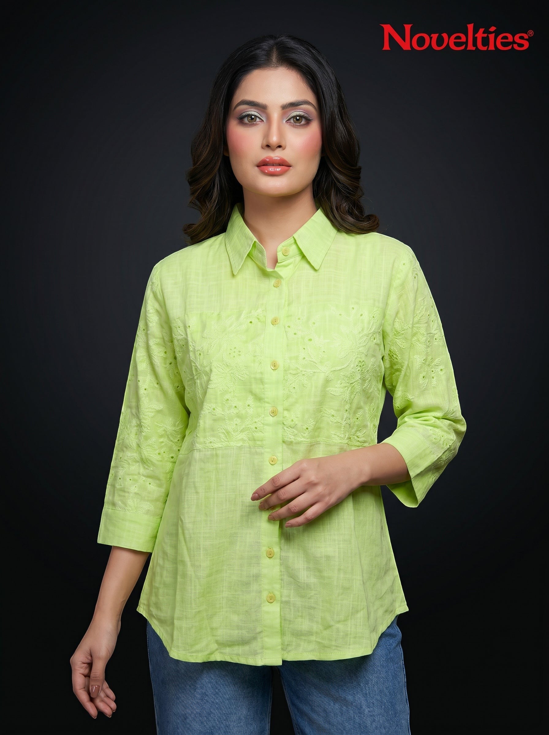Model wearing a lime green Novelties® Schiffli embroidered button-down shirt with floral details and 3/4 sleeves.