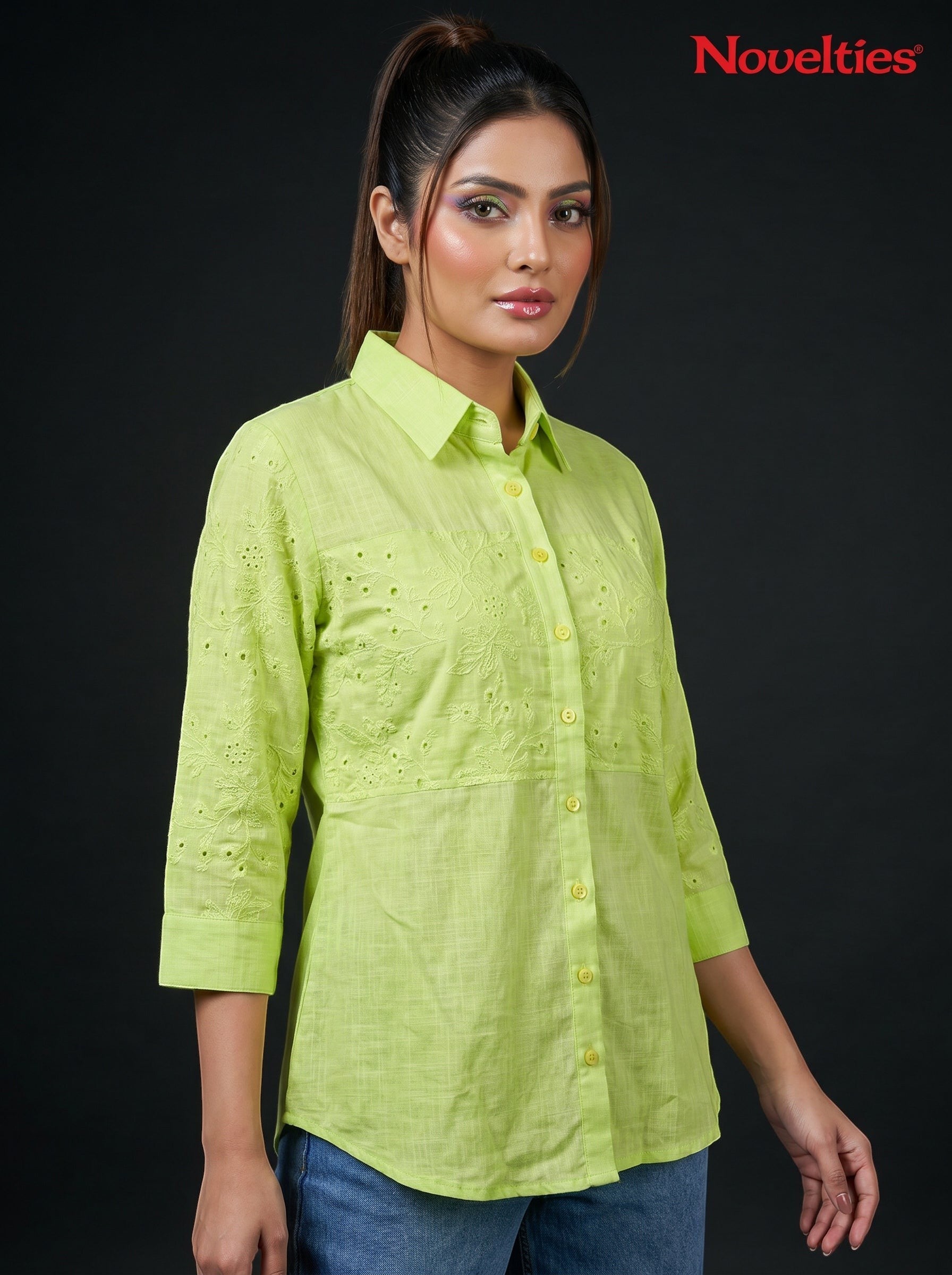 Model wearing a lime green Novelties® Schiffli embroidered button-down shirt with three-quarter sleeves.