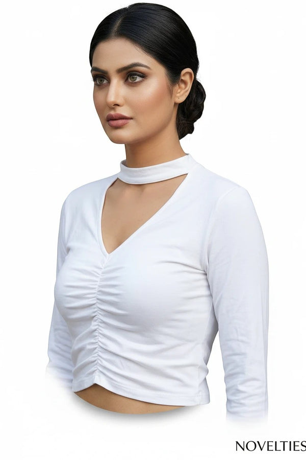 Choker Neck Ruched V-Cutout Cropped Long Sleeve Top