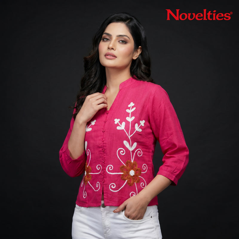 Fuchsia Floral Embroidered Cotton Top