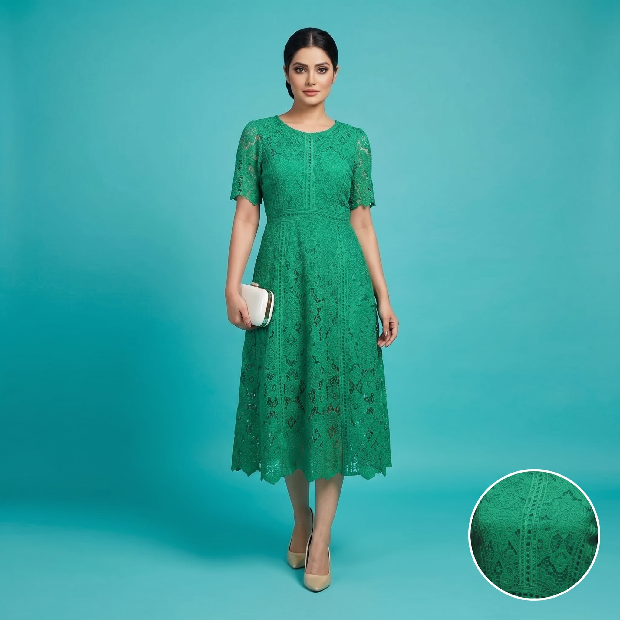 Emerald Green Floral Guipure Lace Midi Dress