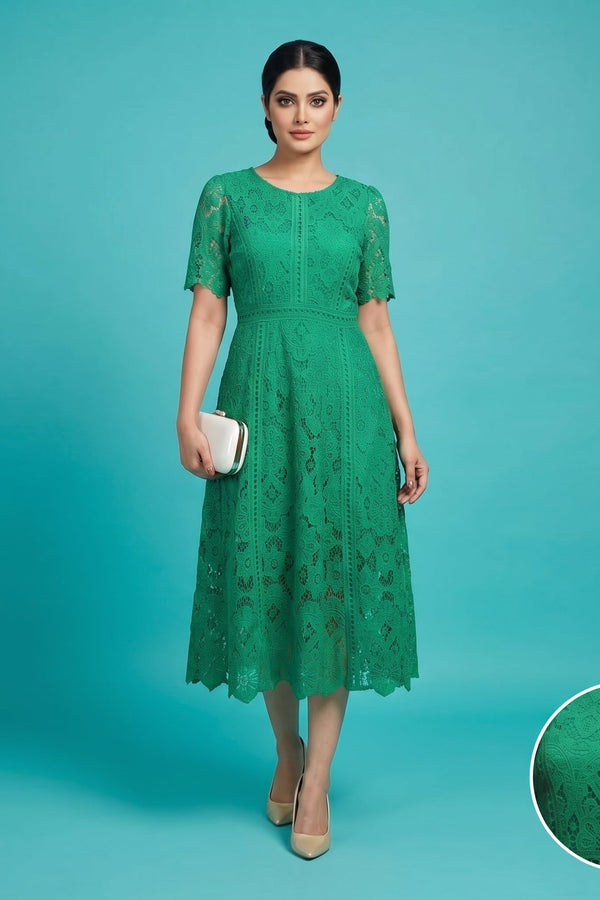 Emerald Green Floral Lace Midi Dress