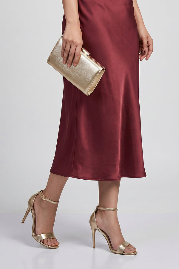 Wine Satin Cowl Neck Midi Dress
