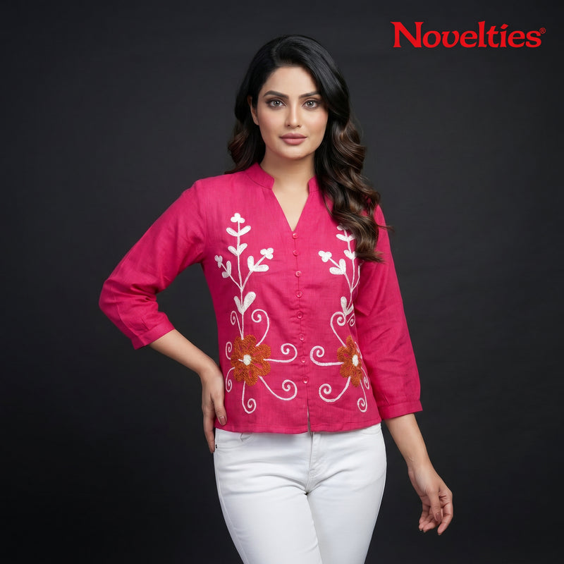 Fuchsia Floral Embroidered Cotton Top