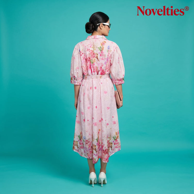 Pink Floral Print Puff Sleeve Button-Down Midi Dress