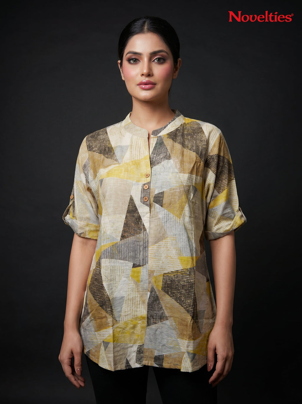 Abstract Geometric Print Mandarin Collar Shirt