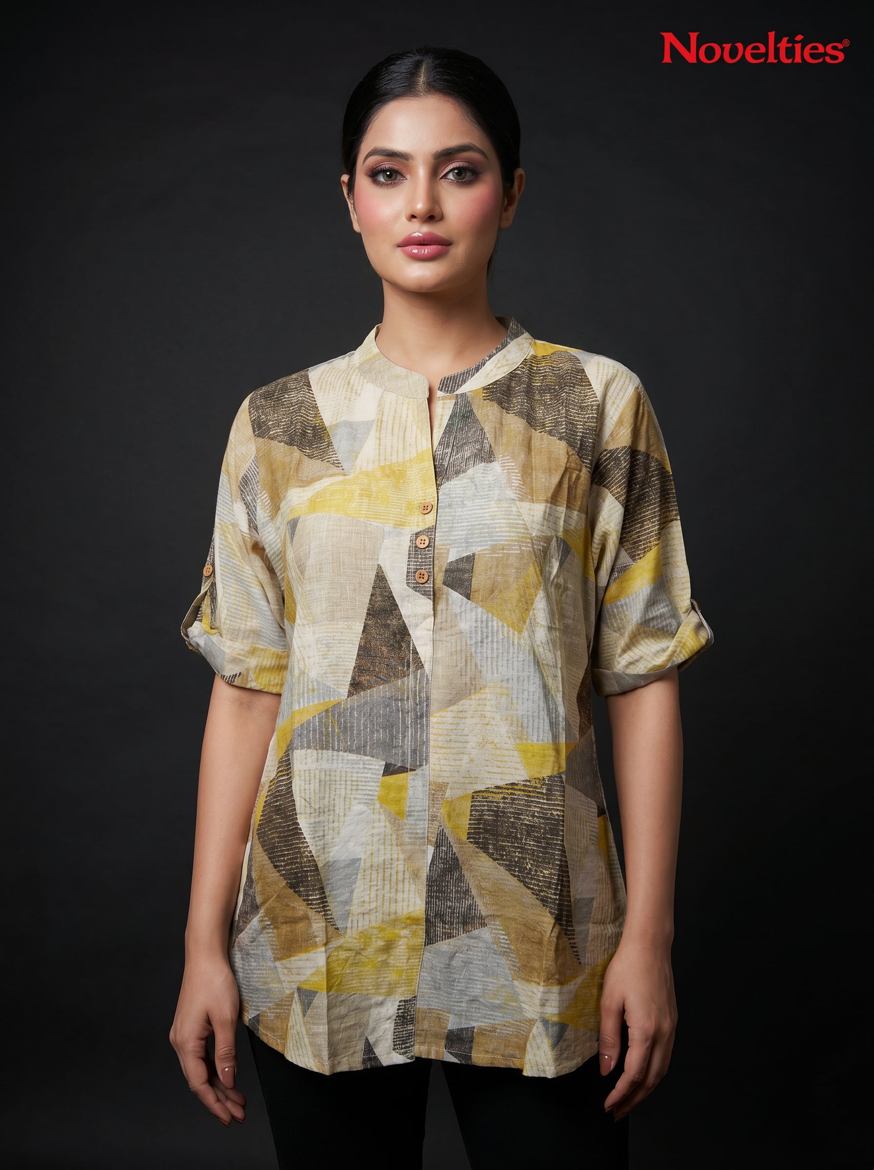 Abstract Geometric Print Mandarin Collar Shirt