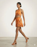 Coral Tie-Dye Halter Crop Top & Wrap-Around Ruffle Mini Skirt Co-ord Set