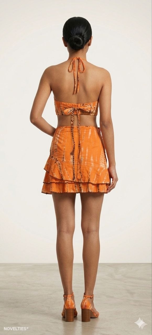 Coral Tie-Dye Halter Crop Top & Wrap-Around Ruffle Mini Skirt Co-ord Set