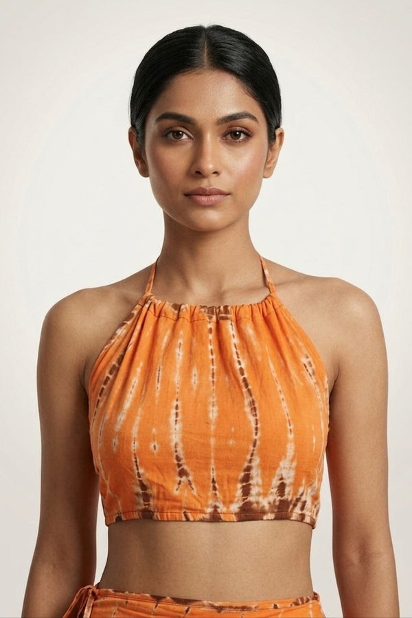 Coral Tie-Dye Halter Crop Top & Wrap-Around Ruffle Mini Skirt Co-ord Set