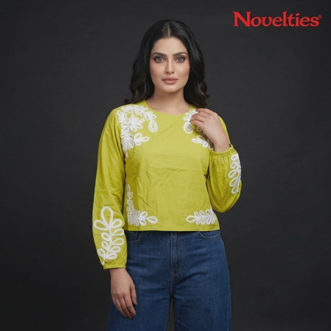 Lime Green Appliqué Embroidered Full Sleeve Crop Top