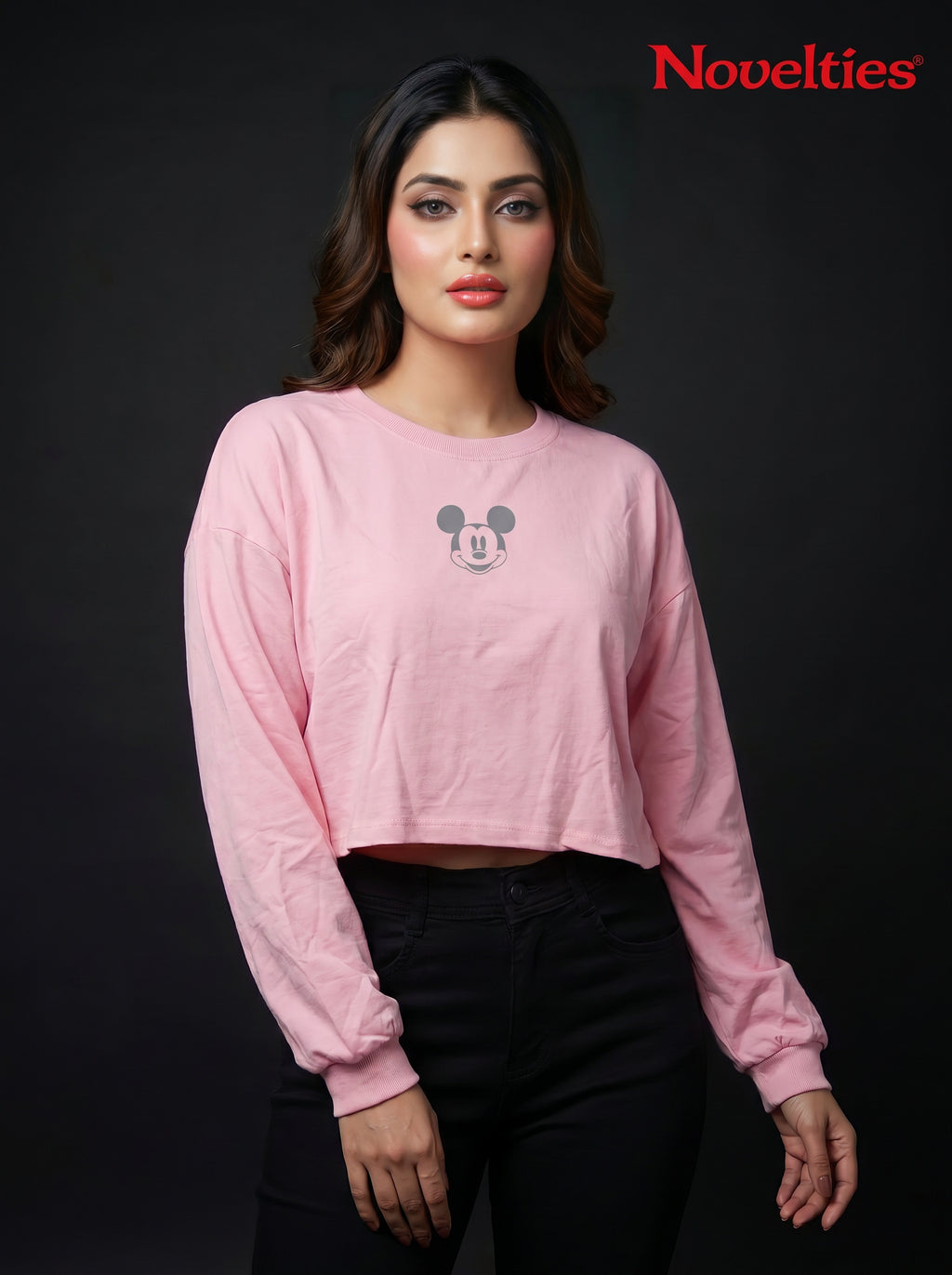 Mickey Mouse Graphic Print Oversized Crop Sweatshirt