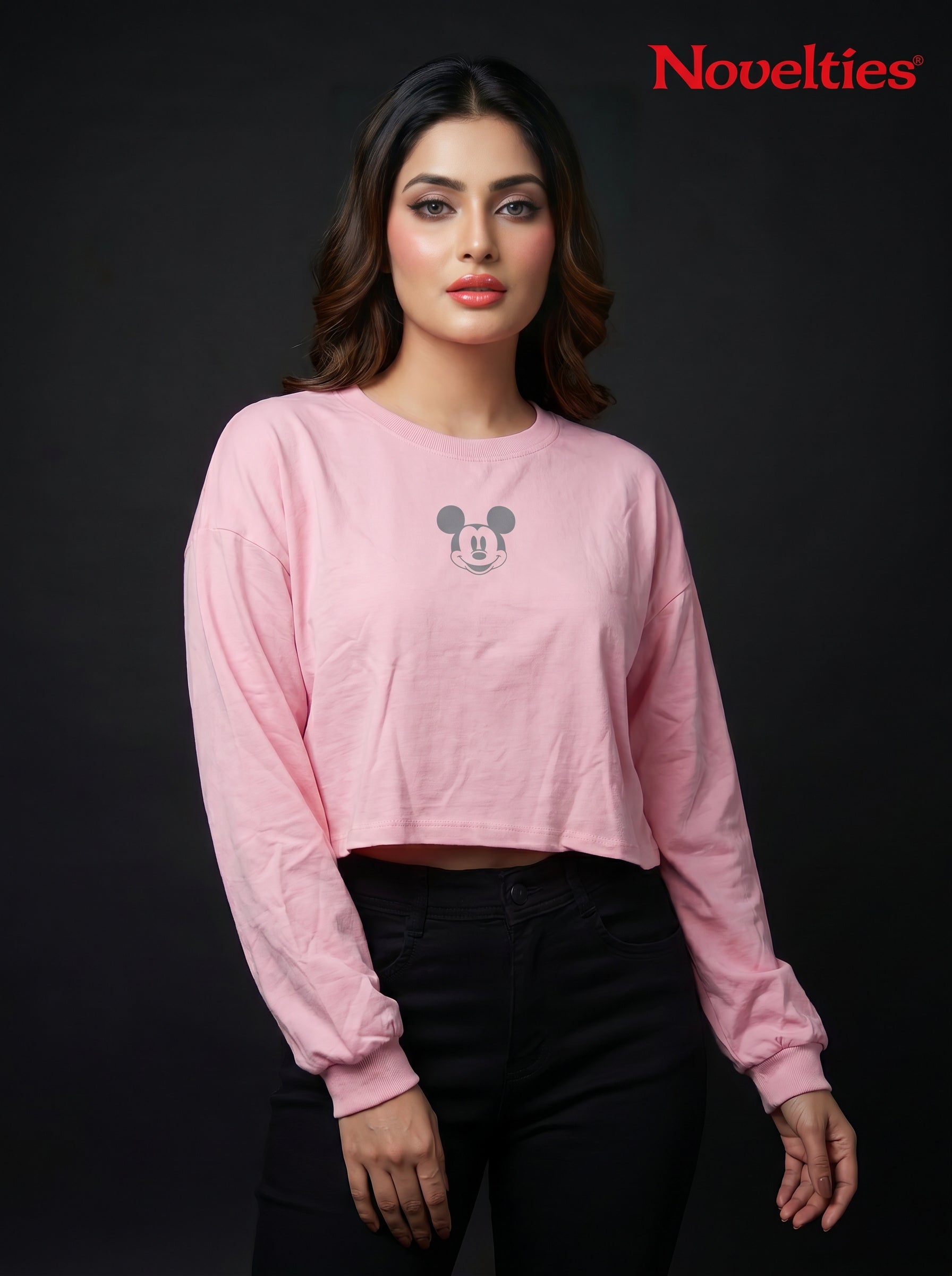 Mickey Mouse Graphic Print Oversized Crop Sweatshirt