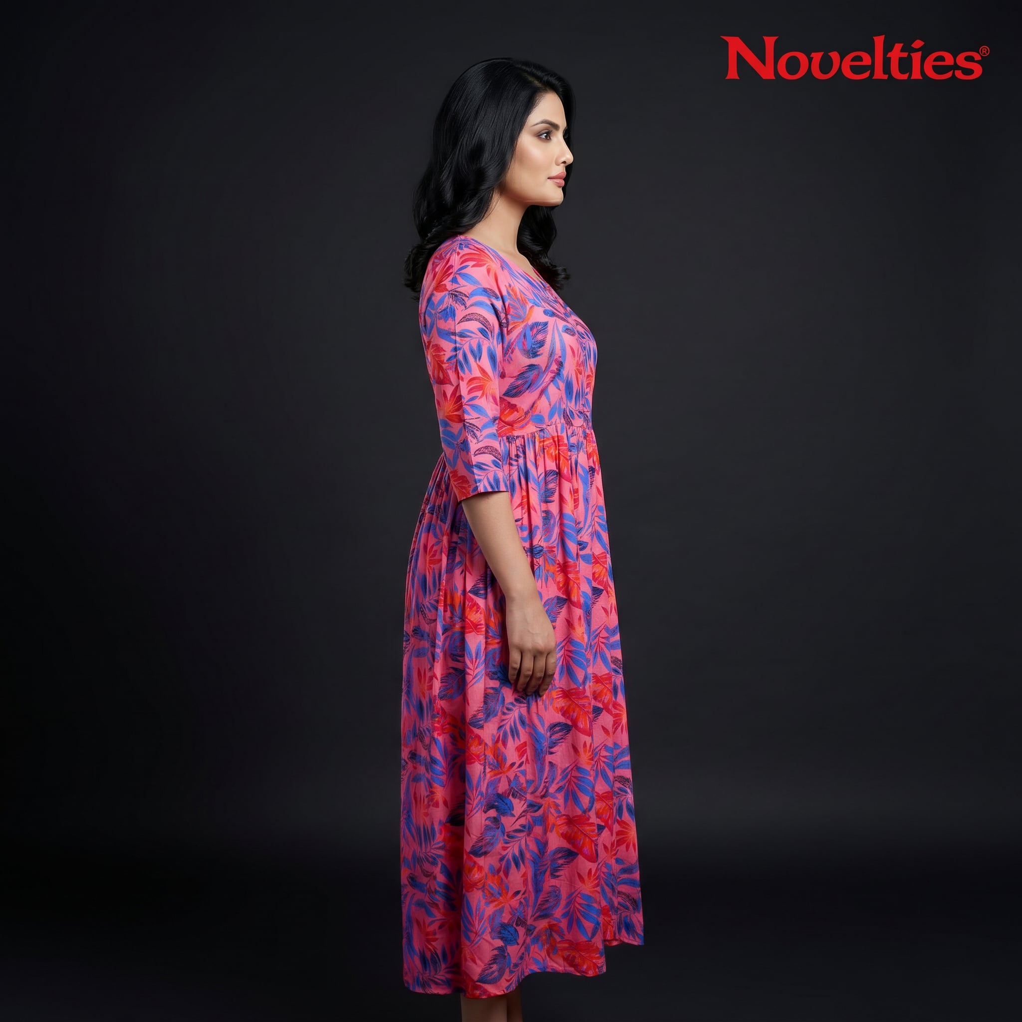Coral Tropical Leaf Print Maxi Dress