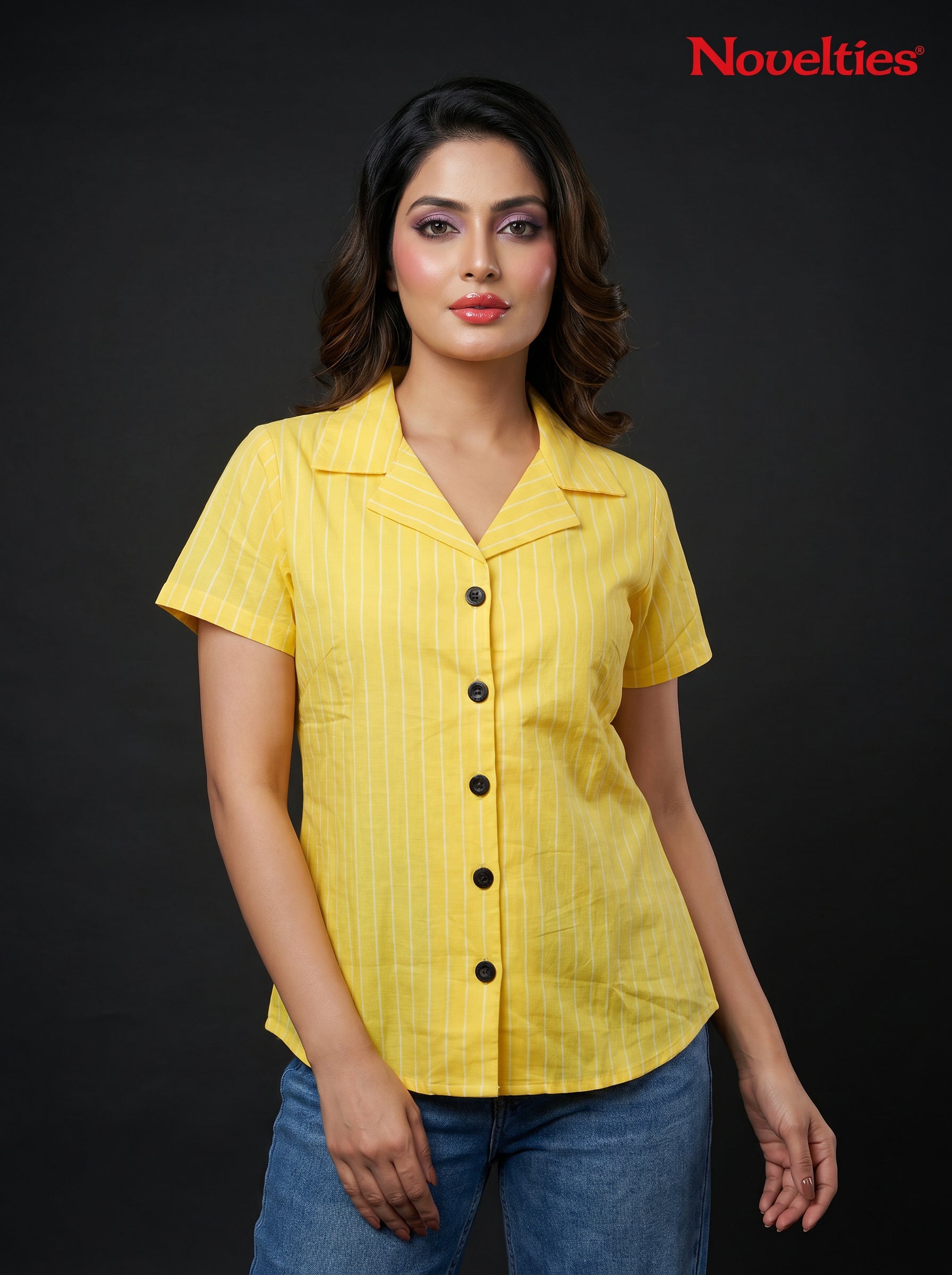 Pinstripe Open Collar Shirt with Dark Buttons