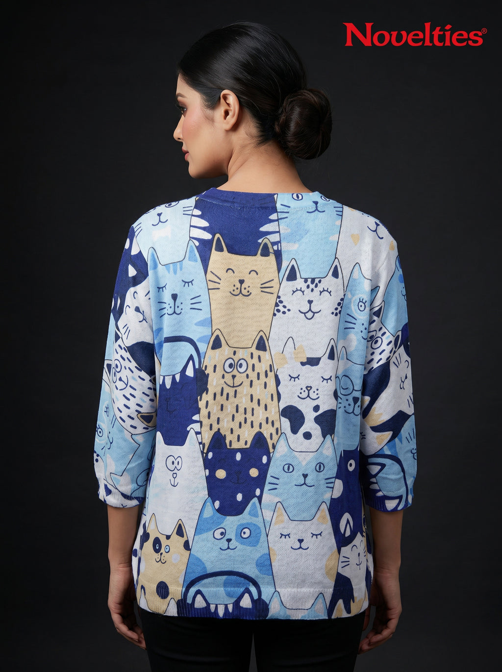 Whimsical Cat Cartoon Print Round Neck Relaxed Top