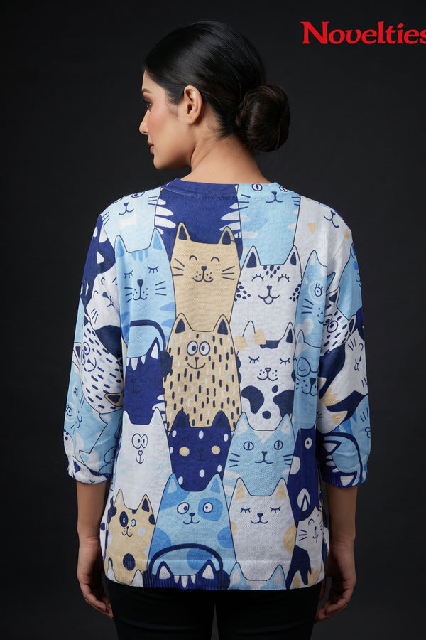 Whimsical Cat Cartoon Print Round Neck Relaxed Top