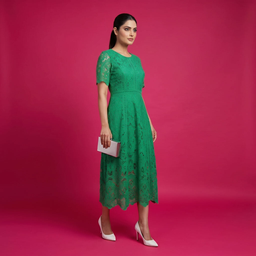 Emerald Green Floral Lace Midi Dress
