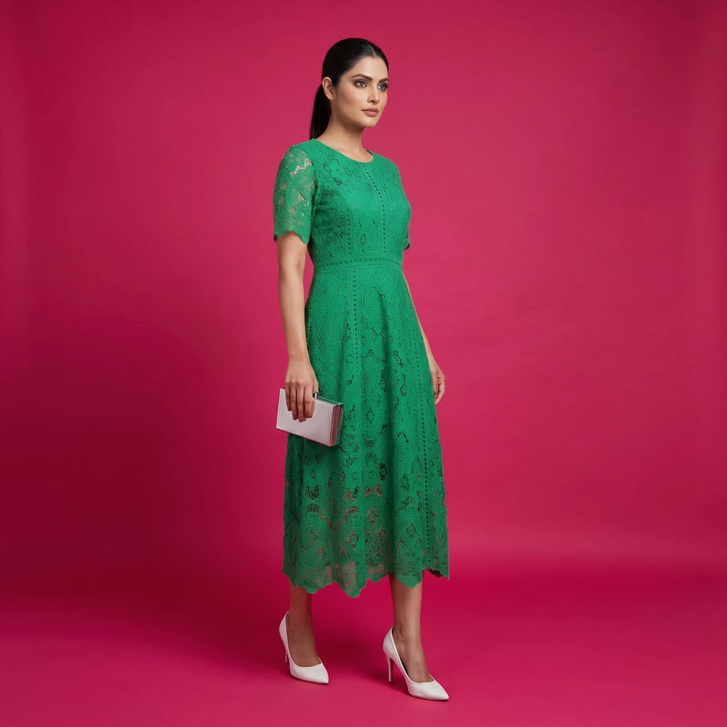 Emerald Green Floral Lace Midi Dress