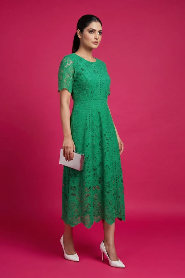 Emerald Green Floral Lace Midi Dress
