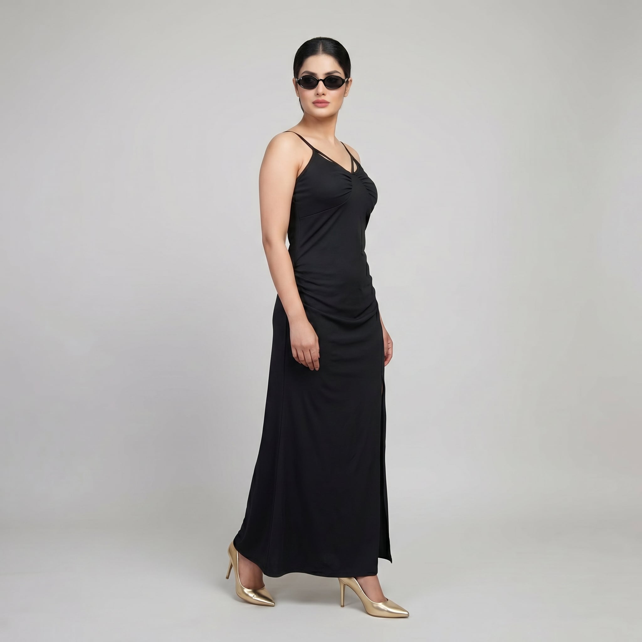 Black Double Strap Ruched Maxi Dress