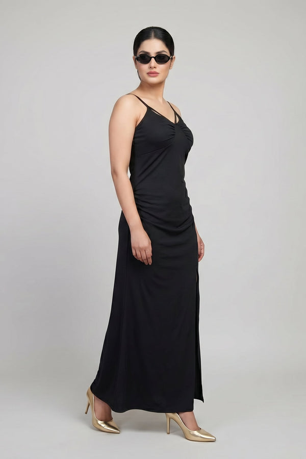 Black Double Strap Ruched Maxi Dress
