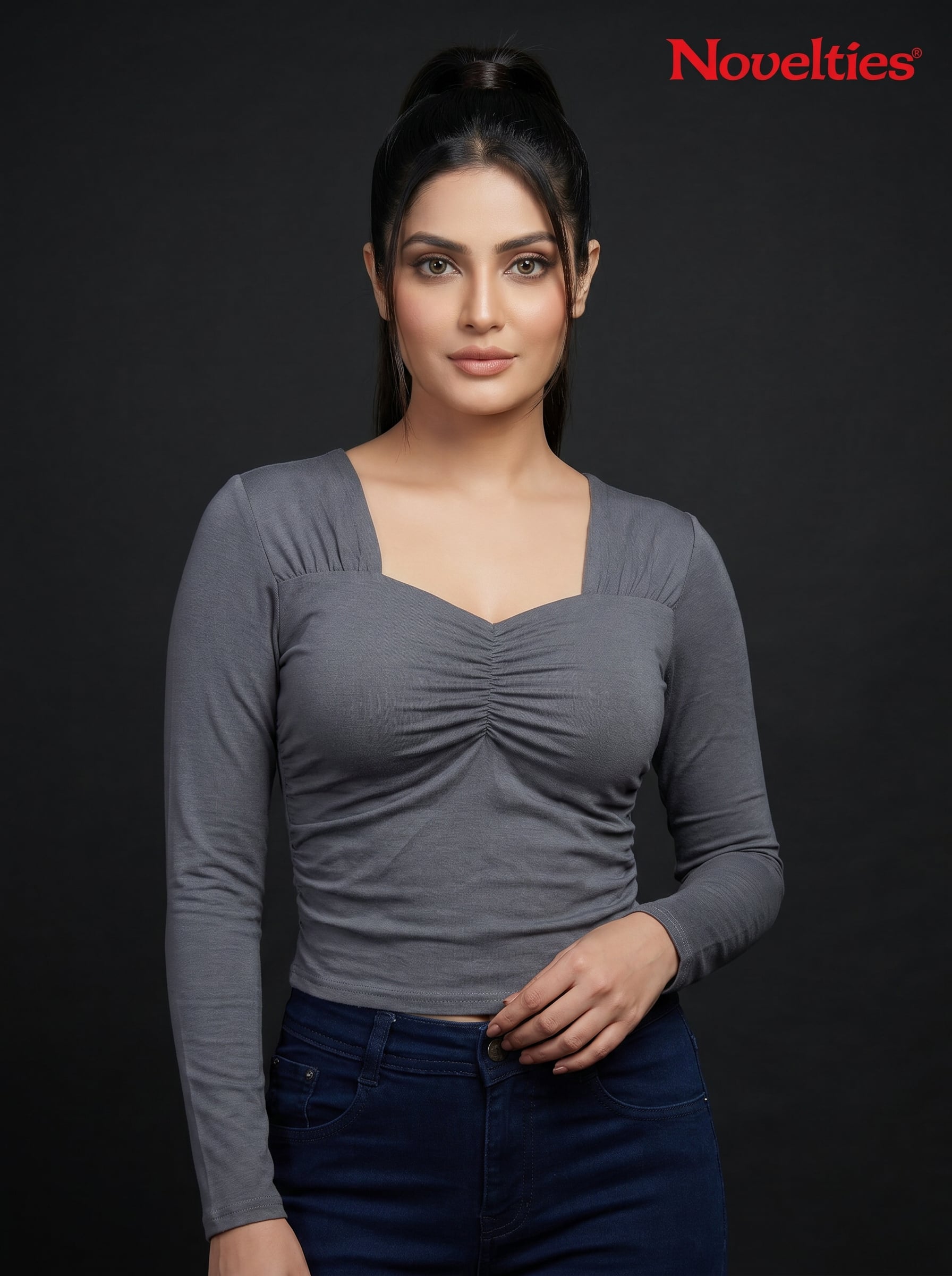 Ruched Sweetheart Neck Cropped Long Sleeve Top