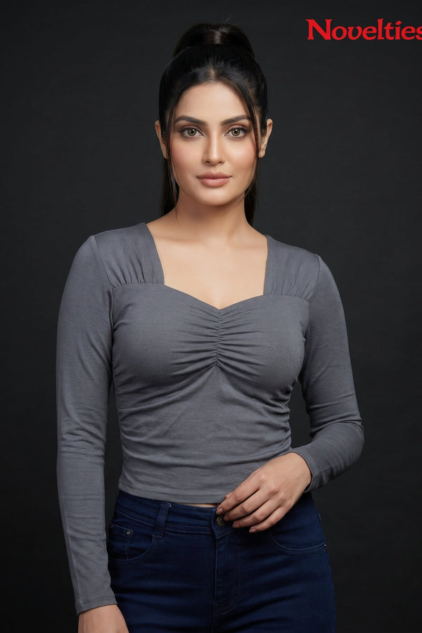 Ruched Sweetheart Neck Cropped Long Sleeve Top