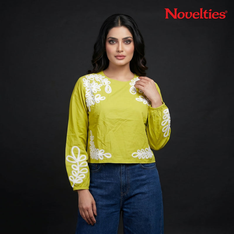 Lime Green Appliqué Embroidered Full Sleeve Crop Top