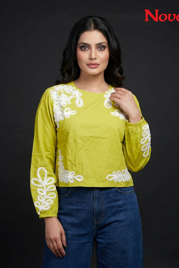 Lime Green Appliqué Embroidered Full Sleeve Crop Top