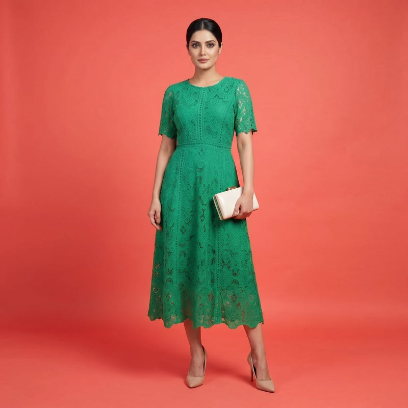 Emerald Green Floral Lace Midi Dress