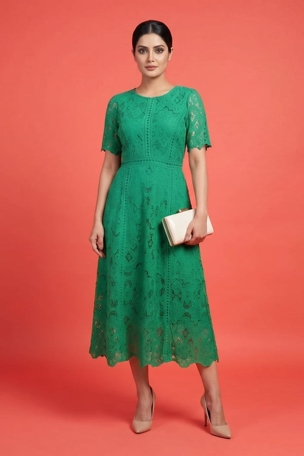 Emerald Green Floral Lace Midi Dress
