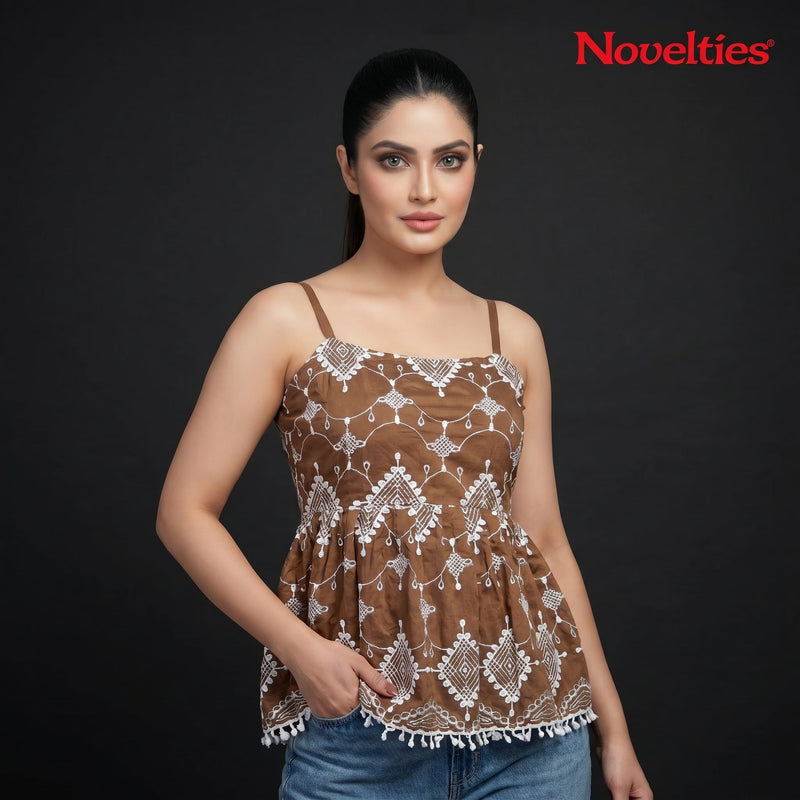 Brown Chikankari Embroidered Peplum Top