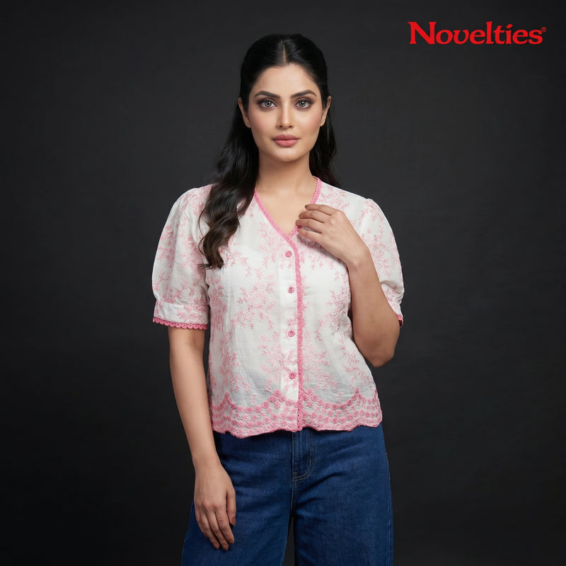White Pink Chikankari Embroidered Puff Sleeve Top