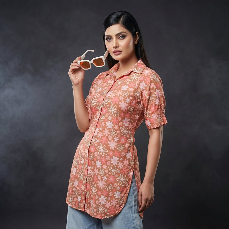 Peach Bloom Floral Shirt Tunic