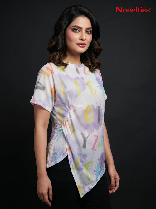 Alphabet Watercolour Print Asymmetric Hem Mesh Top
