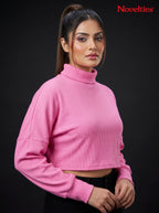 Pink Ribbed Turtleneck Crop Top